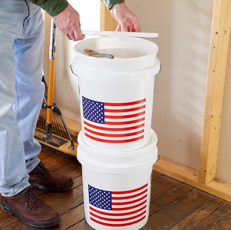 United Solutions 5 Gallon Bucket, Heavy Duty Plastic Bucket, Comfortable Handle, Perfect for on The Job, Home Improvement, or Household Cleaning, White with USA Flag, Pack of 2 - Image 3